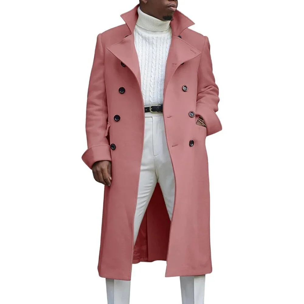 Men's Pink Notch Lapel Double Breasted Long Trench Coat Cotton Blend Pea Coat